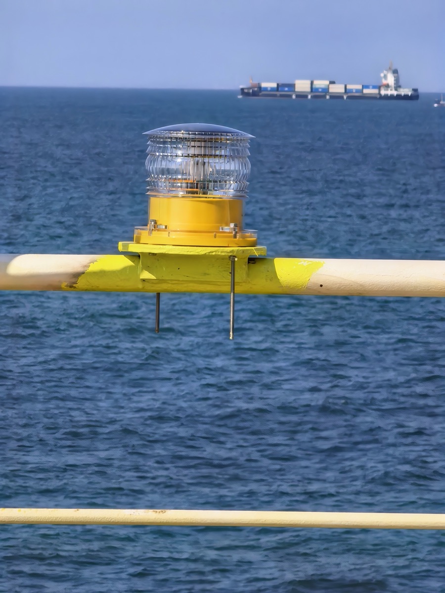 Solar Marine Lantern mounted on a rail with a cargo ship in the background